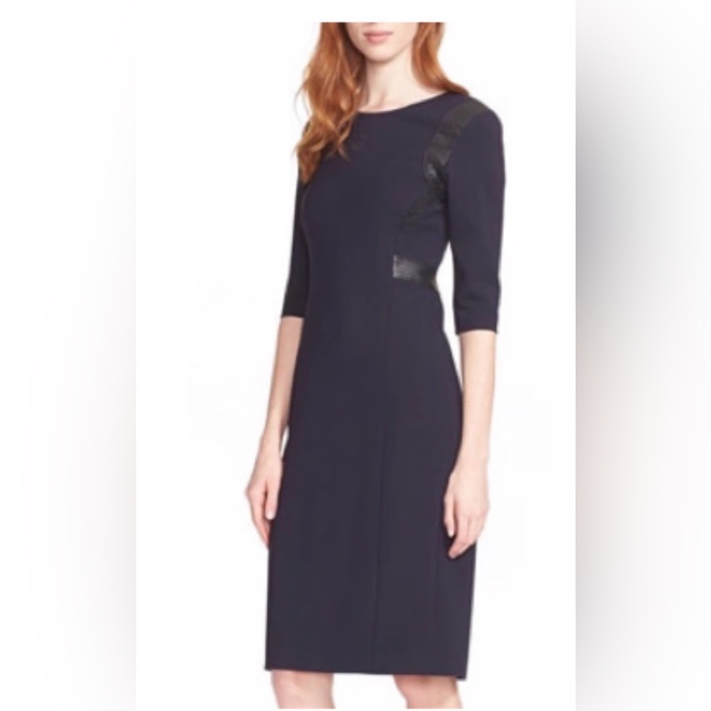 Rebecca Taylor. Navy Faux-Leather & Lace Trim Ponte. Dress. Size 2